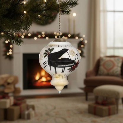 Grand Christmas Piano Hand Painted And Mouth Blown White And Black Glass Finial Ornament