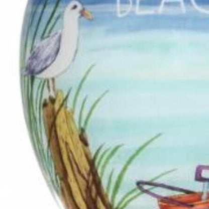 Beach Memories Hand Painted And Mouth Blown White Blue And Sand Glass Finial Ornament