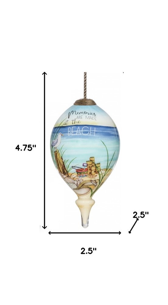 Beach Memories Hand Painted And Mouth Blown White Blue And Sand Glass Finial Ornament