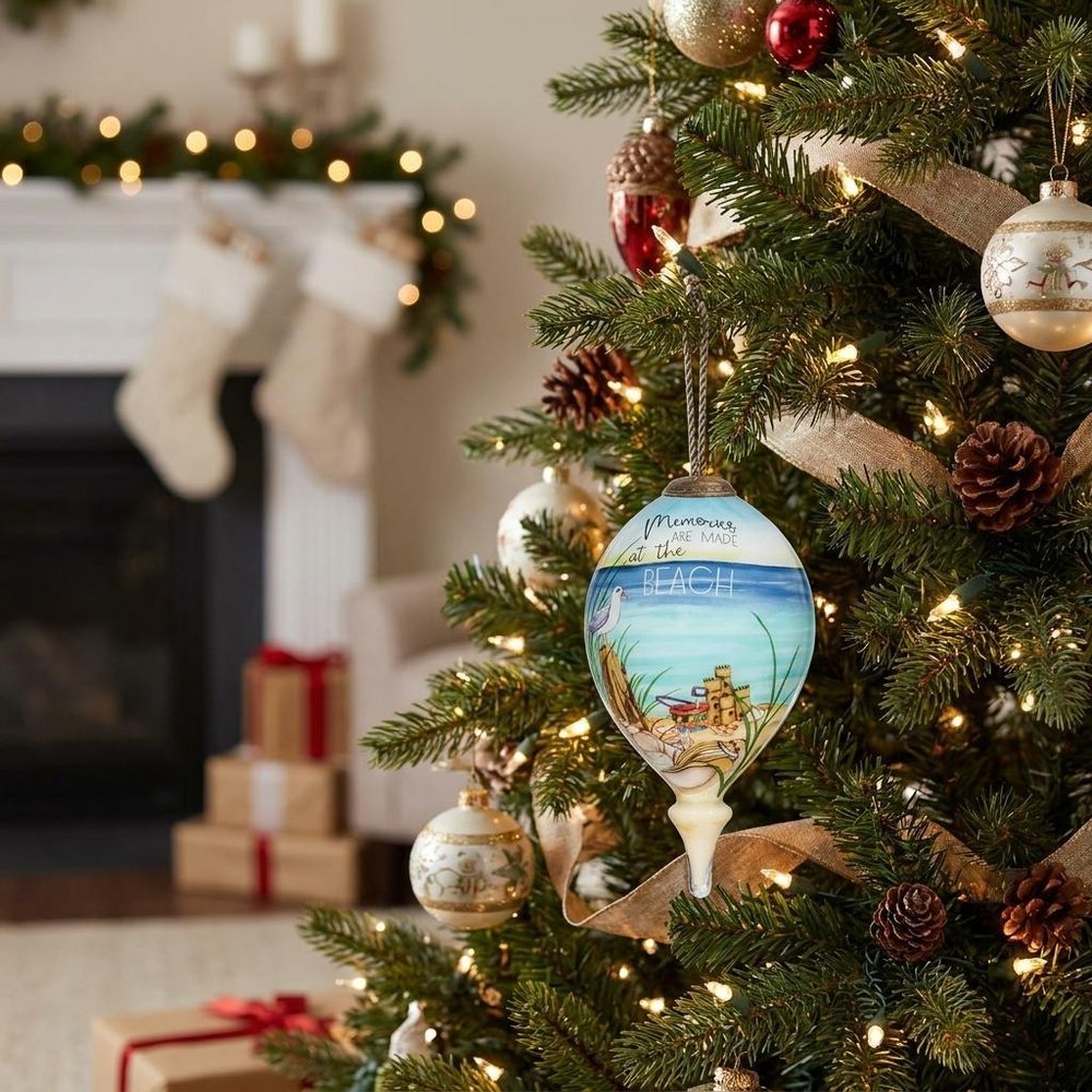 Beach Memories Hand Painted And Mouth Blown White Blue And Sand Glass Finial Ornament