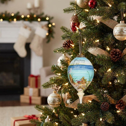Beach Memories Hand Painted And Mouth Blown White Blue And Sand Glass Finial Ornament
