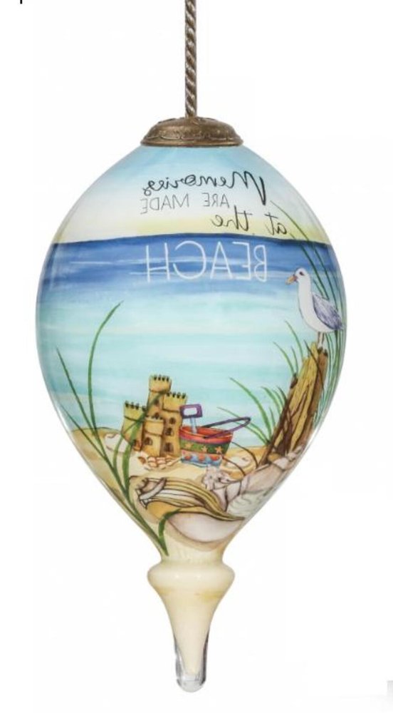Beach Memories Hand Painted And Mouth Blown White Blue And Sand Glass Finial Ornament