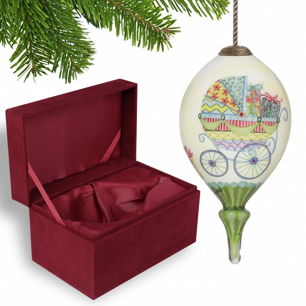 Baby Carriage with Presents Hand Painted And Mouth Blown Ivory Red And Yellow Glass Finial Ornament