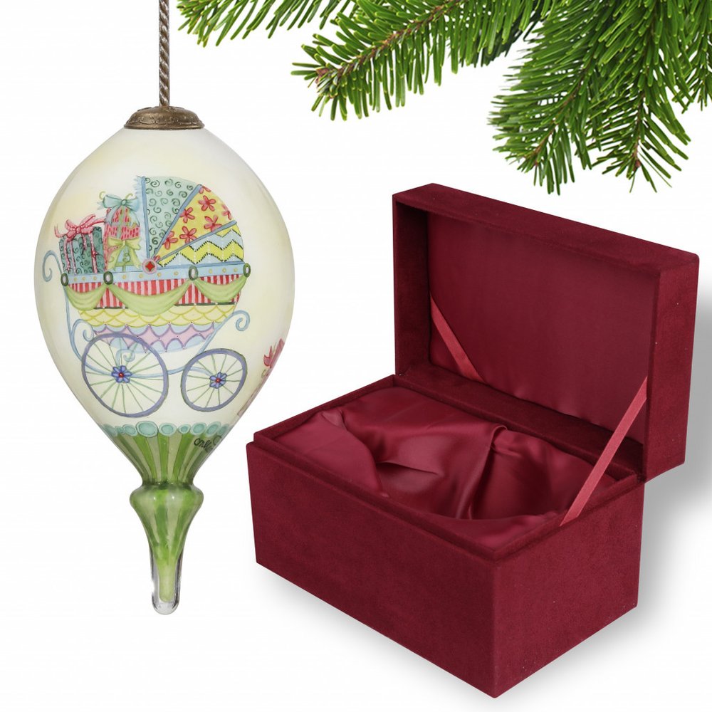 Baby Carriage with Presents Hand Painted And Mouth Blown Ivory Red And Yellow Glass Finial Ornament
