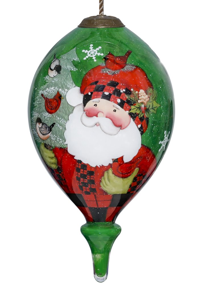 Plaid Santa with Cardinals Hand Painted And Mouth Blown Red White And Green Glass Finial Ornament