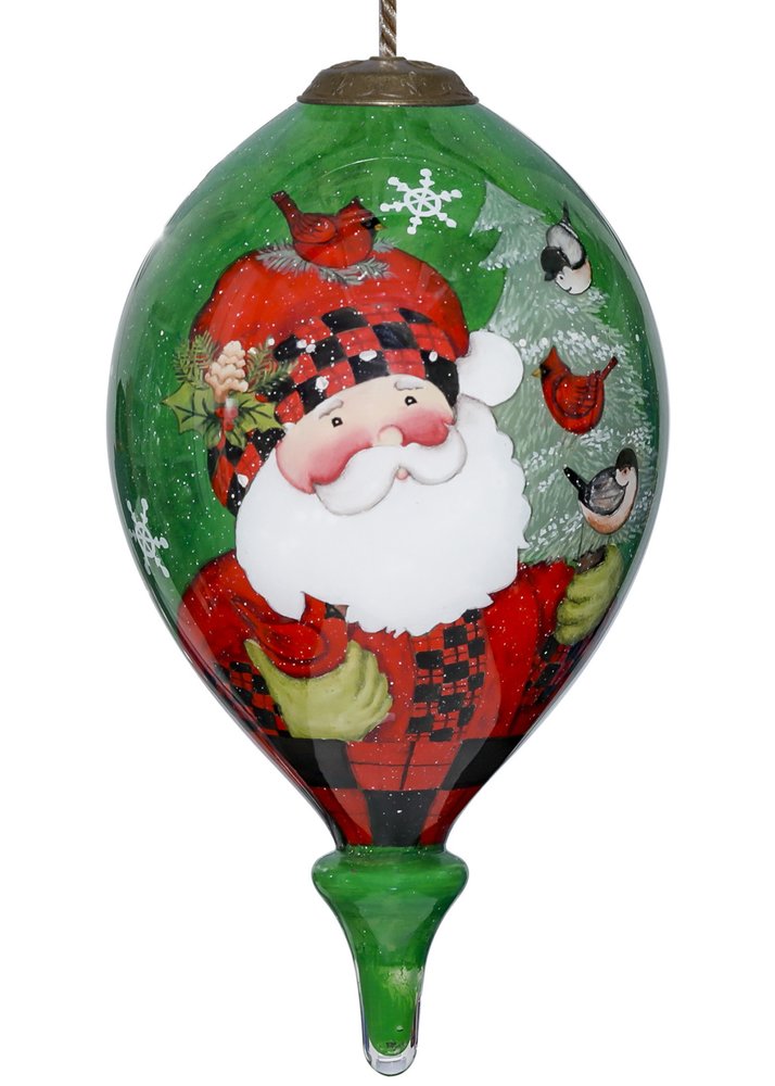 Plaid Santa with Cardinals Hand Painted And Mouth Blown Red White And Green Glass Finial Ornament