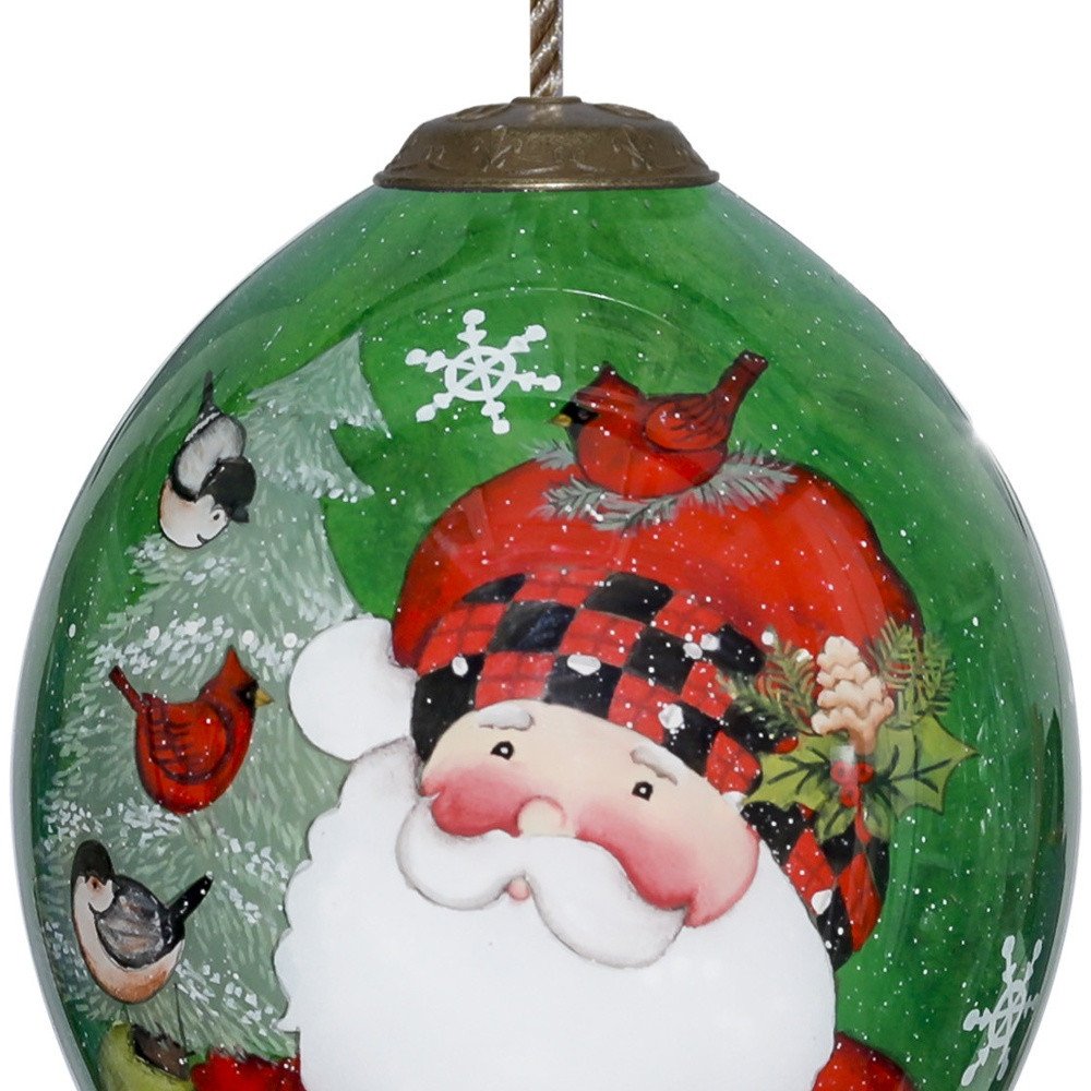Plaid Santa with Cardinals Hand Painted And Mouth Blown Red White And Green Glass Finial Ornament