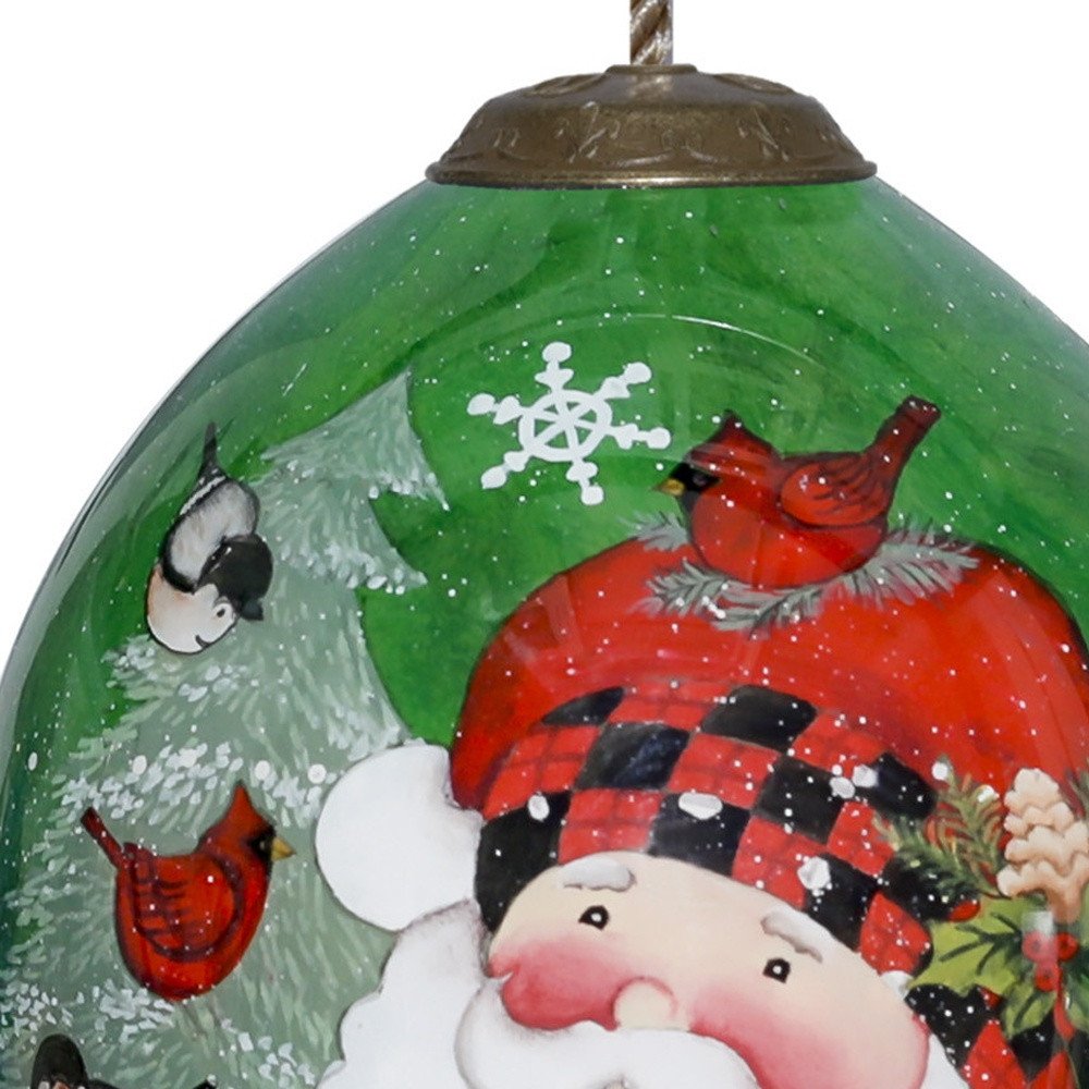 Plaid Santa with Cardinals Hand Painted And Mouth Blown Red White And Green Glass Finial Ornament