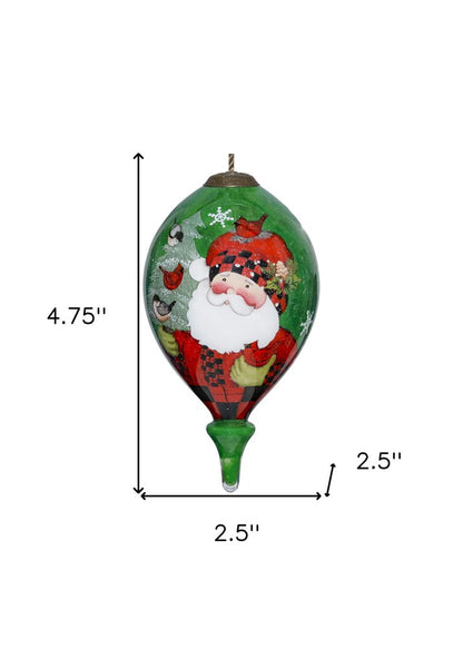 Plaid Santa with Cardinals Hand Painted And Mouth Blown Red White And Green Glass Finial Ornament