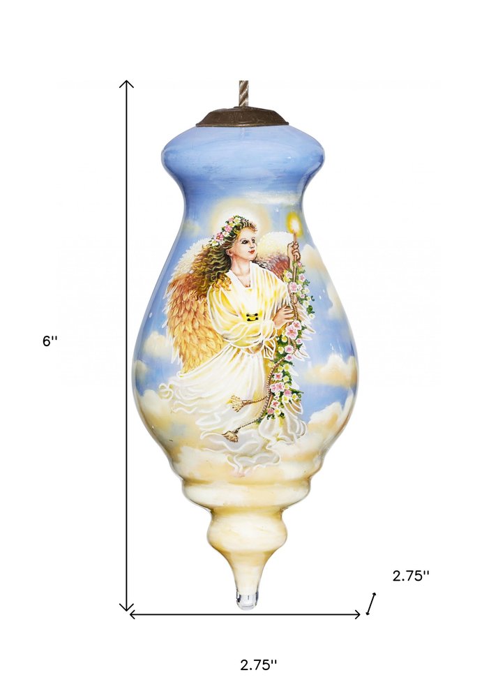 Angel Divine Hand Painted And Mouth Blown Blue And White Glass Finial Ornament