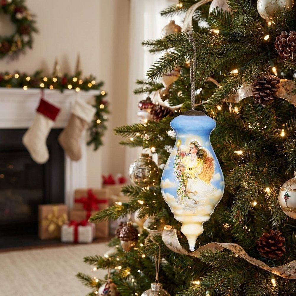 Angel Divine Hand Painted And Mouth Blown Blue And White Glass Finial Ornament