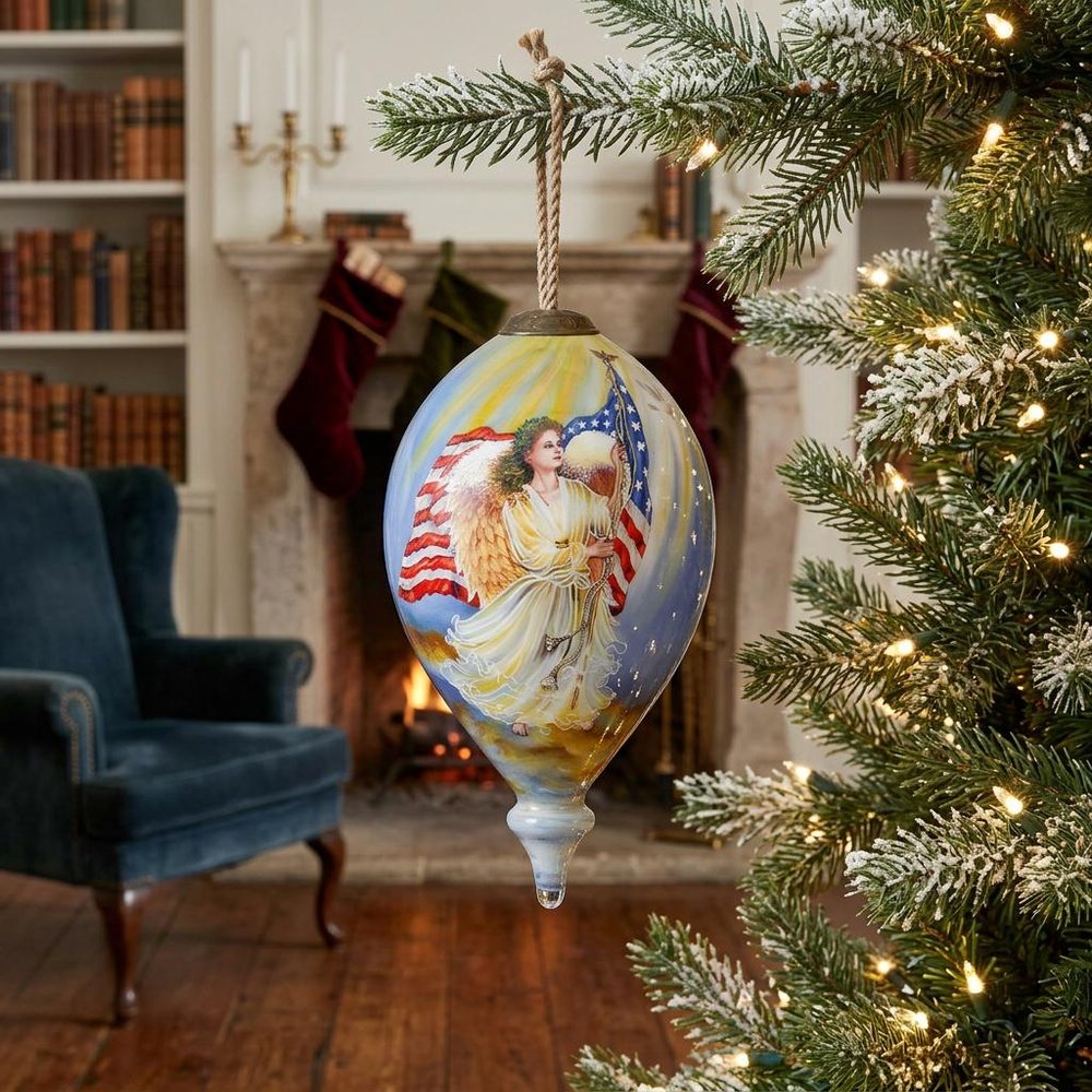 American Flag Angel Hand Painted And Mouth Blown Red White And Blue Glass Finial Ornament