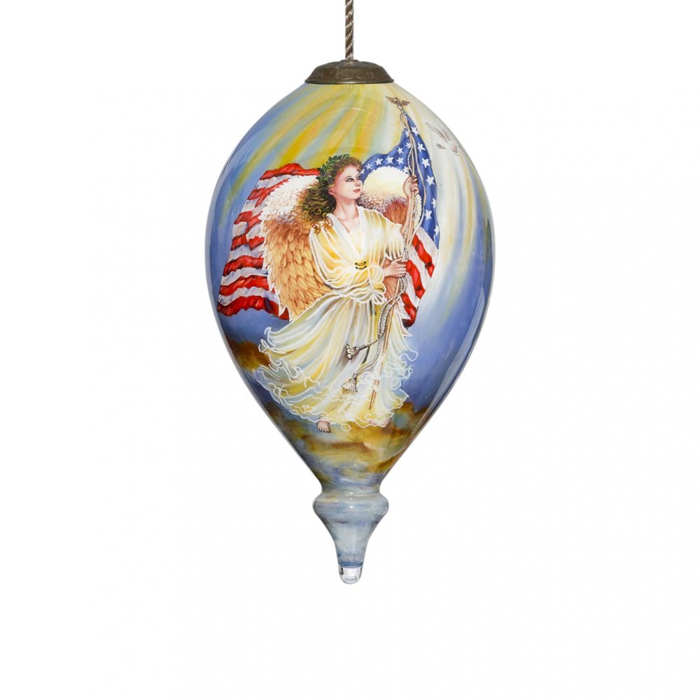 American Flag Angel Hand Painted And Mouth Blown Red White And Blue Glass Finial Ornament