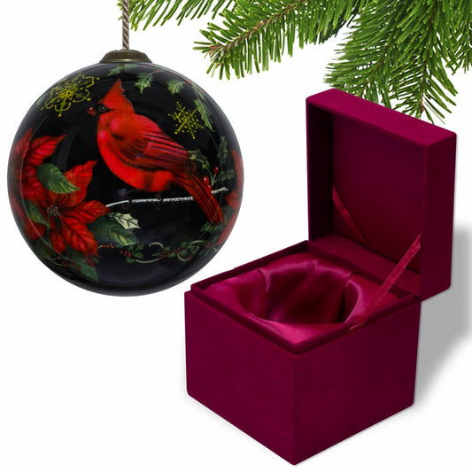 Glossy Red Cardinal Hand Painted And Mouth Blown Red Black And Green Glass Ball Ornament