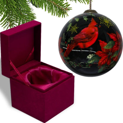 Glossy Red Cardinal Hand Painted And Mouth Blown Red Black And Green Glass Ball Ornament