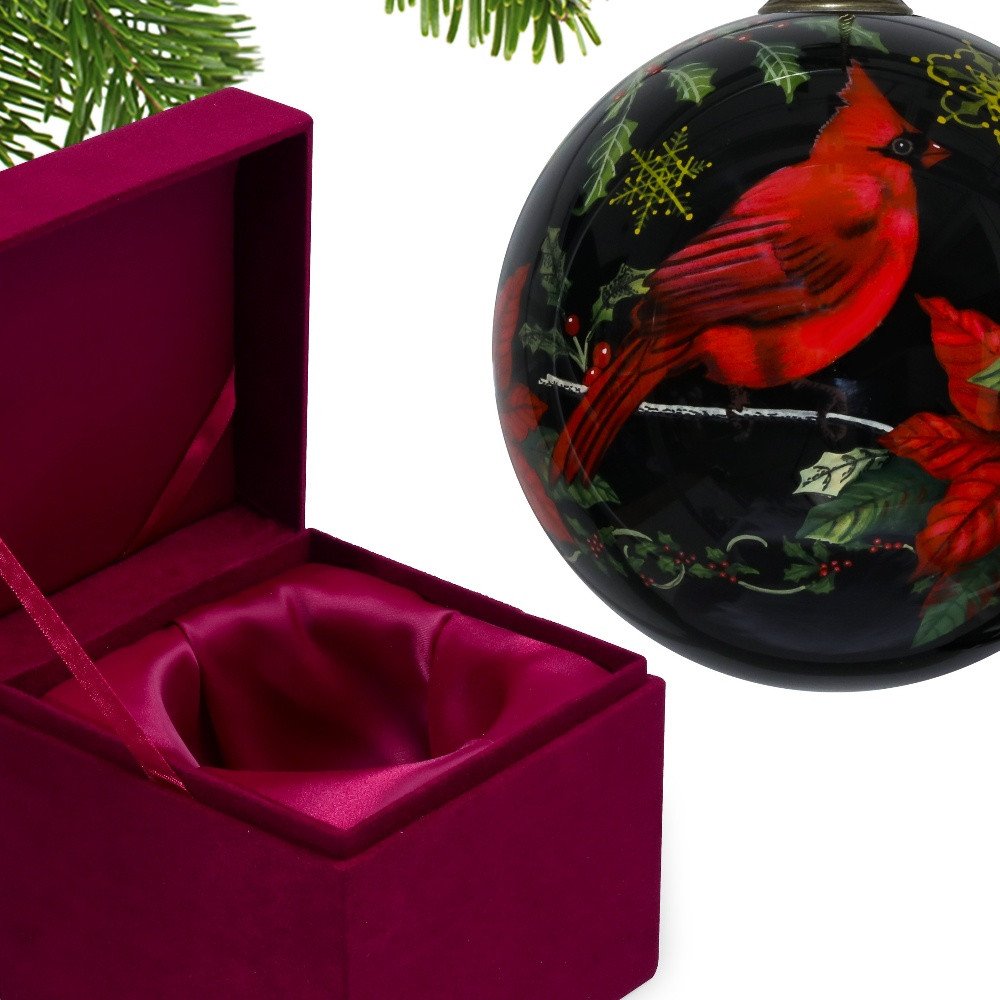 Glossy Red Cardinal Hand Painted And Mouth Blown Red Black And Green Glass Ball Ornament