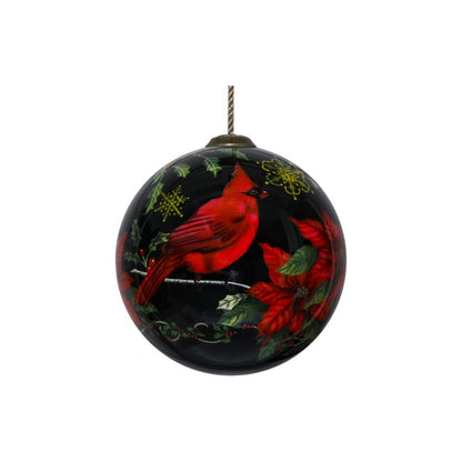 Glossy Red Cardinal Hand Painted And Mouth Blown Red Black And Green Glass Ball Ornament
