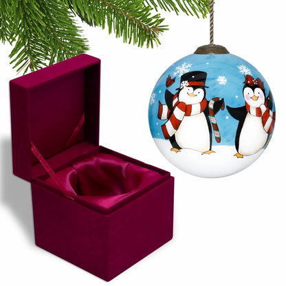 Anywhere with You is Always Better Penguin Hand Painted And Mouth Blown White Black And Blue Glass Ball Ornament