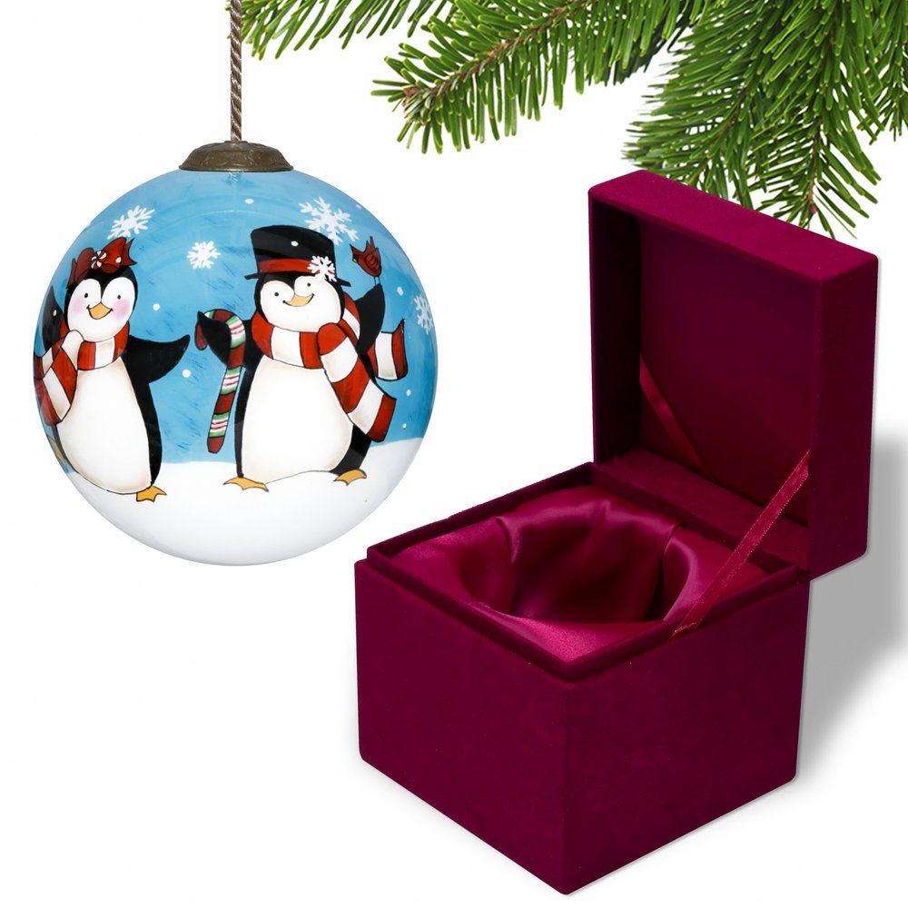 Anywhere with You is Always Better Penguin Hand Painted And Mouth Blown White Black And Blue Glass Ball Ornament