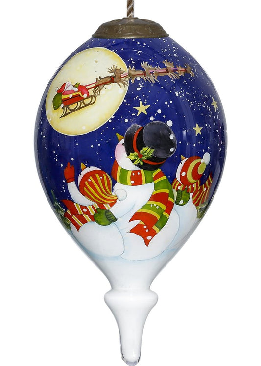 Snowmen Family Watching Santa on a Sleigh Hand Painted And Mouth Blown Blue And White Glass Finial Ornament
