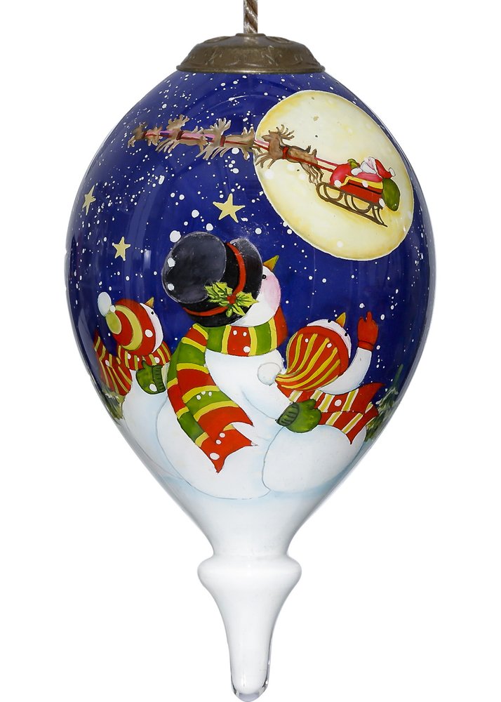 Snowmen Family Watching Santa on a Sleigh Hand Painted And Mouth Blown Blue And White Glass Finial Ornament