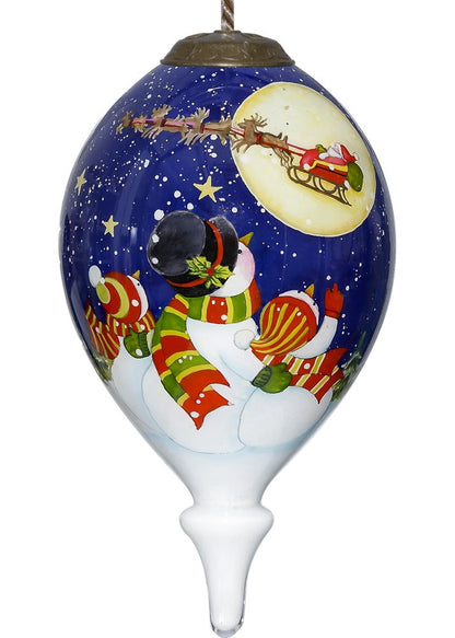 Snowmen Family Watching Santa on a Sleigh Hand Painted And Mouth Blown Blue And White Glass Finial Ornament