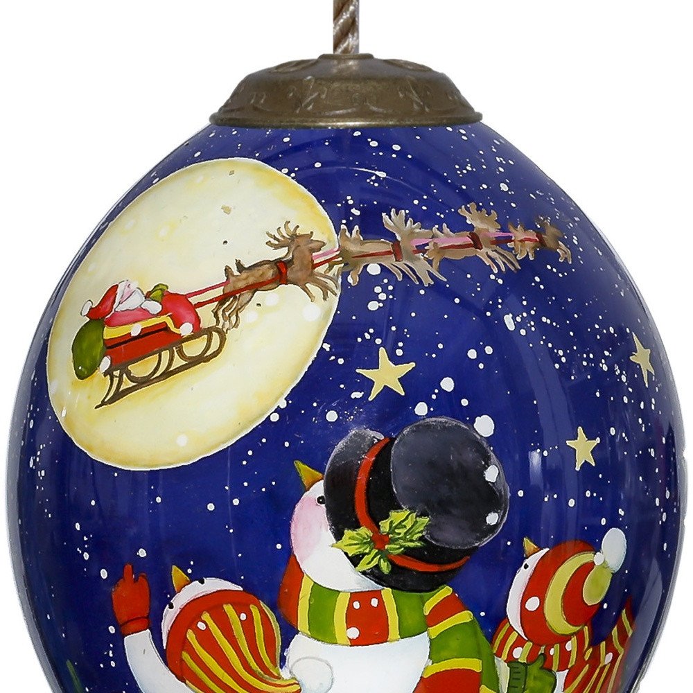 Snowmen Family Watching Santa on a Sleigh Hand Painted And Mouth Blown Blue And White Glass Finial Ornament