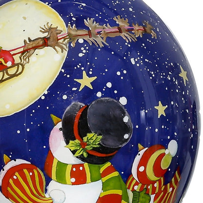 Snowmen Family Watching Santa on a Sleigh Hand Painted And Mouth Blown Blue And White Glass Finial Ornament