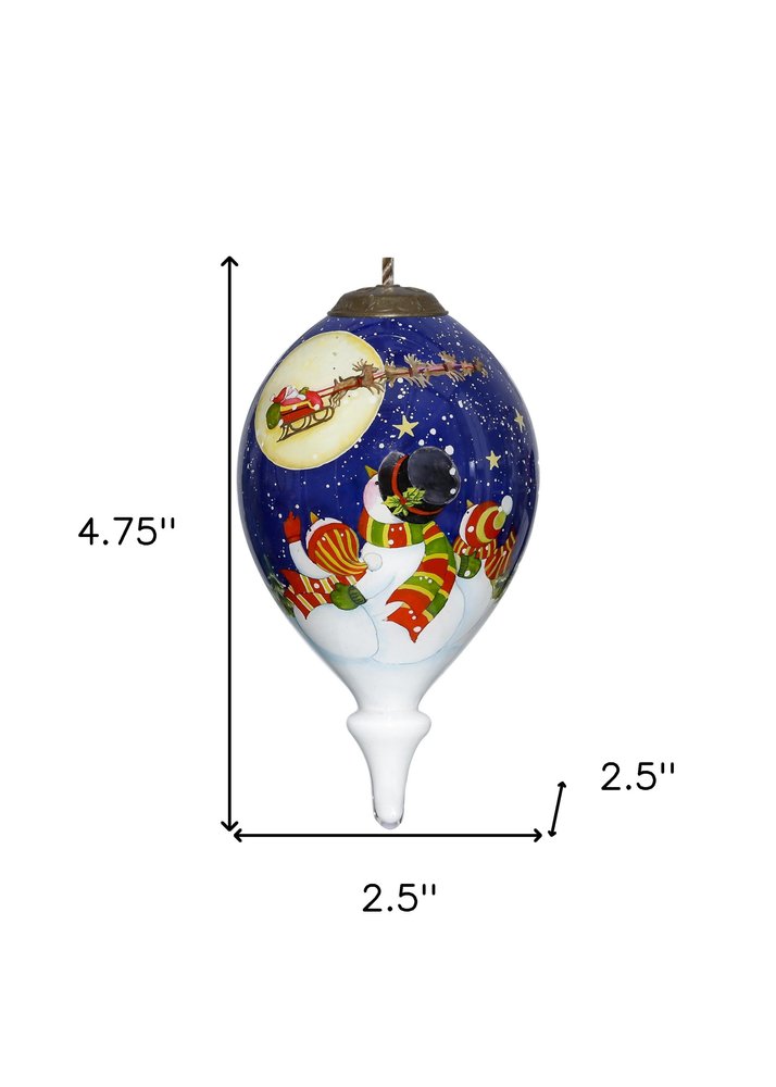 Snowmen Family Watching Santa on a Sleigh Hand Painted And Mouth Blown Blue And White Glass Finial Ornament