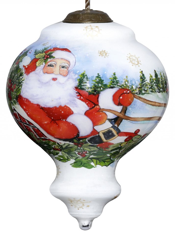 Santa Riding a Sleigh Hand Painted And Mouth Blown Red White And Green Glass Finial Ornament