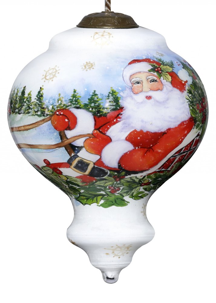Santa Riding a Sleigh Hand Painted And Mouth Blown Red White And Green Glass Finial Ornament