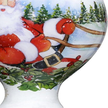 Santa Riding a Sleigh Hand Painted And Mouth Blown Red White And Green Glass Finial Ornament