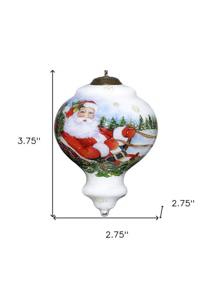 Santa Riding a Sleigh Hand Painted And Mouth Blown Red White And Green Glass Finial Ornament