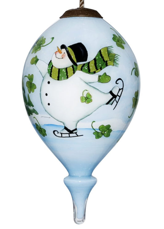 Ice Skating Shamrock Snowman Hand Painted And Mouth Blown Green And White Glass Finial Ornament