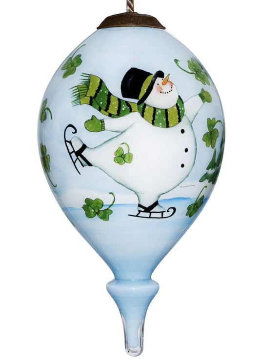 Ice Skating Shamrock Snowman Hand Painted And Mouth Blown Green And White Glass Finial Ornament