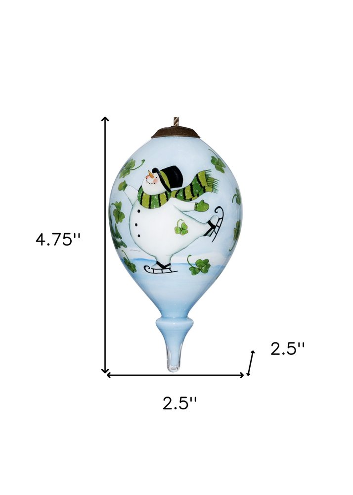Ice Skating Shamrock Snowman Hand Painted And Mouth Blown Green And White Glass Finial Ornament
