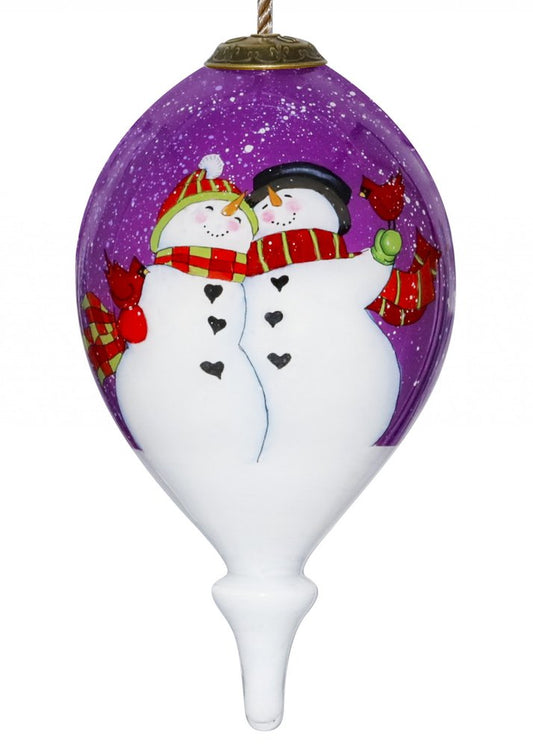 Amore Snowmen Hand Painted And Mouth Blown Purple And White Glass Finial Ornament