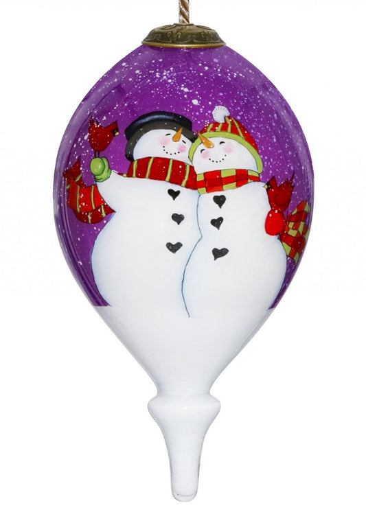 Amore Snowmen Hand Painted And Mouth Blown Purple And White Glass Finial Ornament