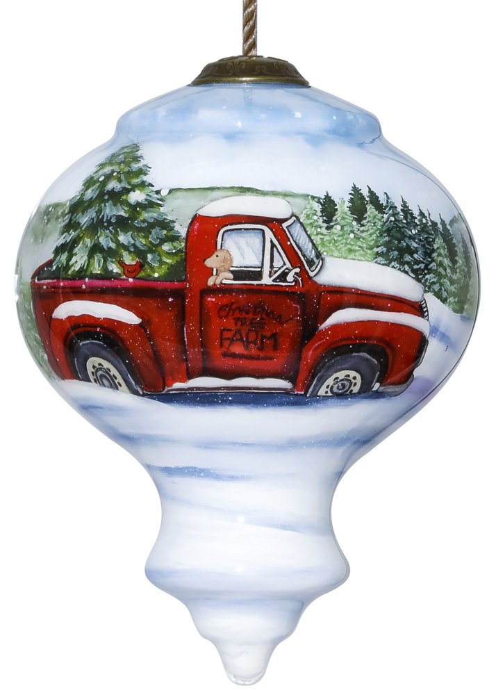 Red Farm Truck with Tree Hand Painted And Mouth Blown Red White And Green Glass Finial Ornament