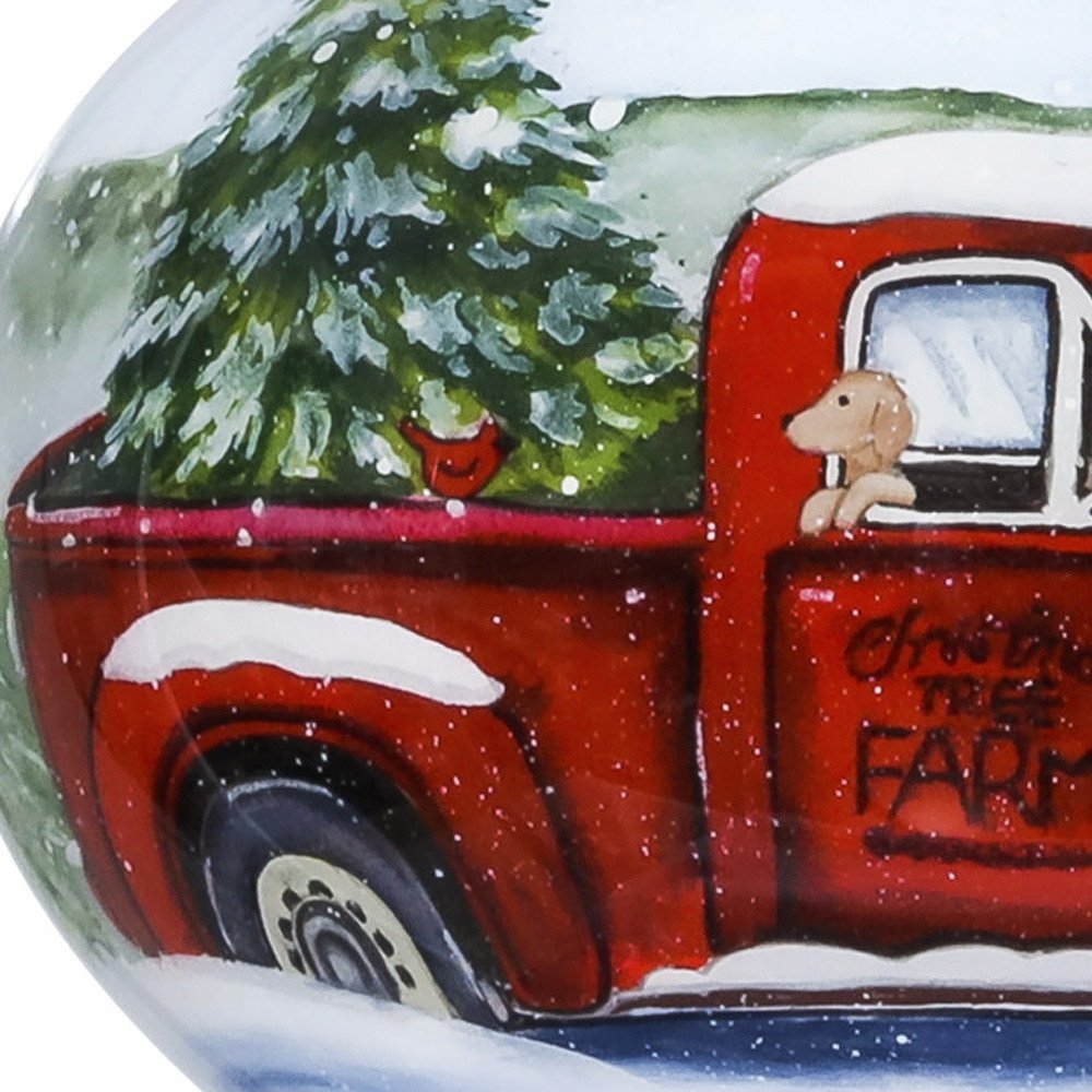 Red Farm Truck with Tree Hand Painted And Mouth Blown Red White And Green Glass Finial Ornament