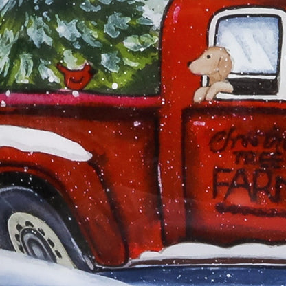 Red Farm Truck with Tree Hand Painted And Mouth Blown Red White And Green Glass Finial Ornament