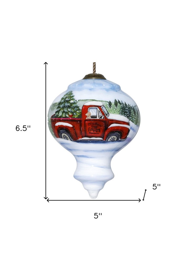 Red Farm Truck with Tree Hand Painted And Mouth Blown Red White And Green Glass Finial Ornament