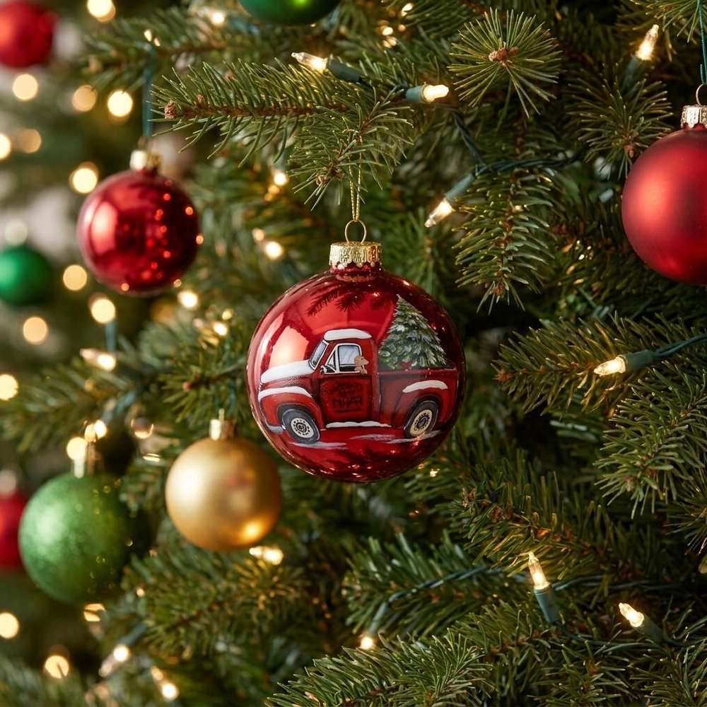 Red Farm Truck with Tree Hand Painted And Mouth Blown Red White And Green Glass Finial Ornament