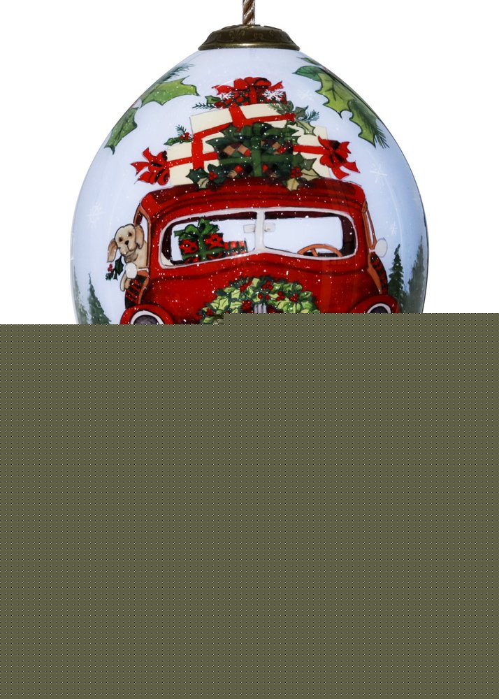 Puppy and Red Truck Christmas Wreath Hand Painted Mouth Blown Glass Ornament