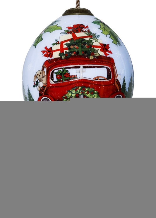 Puppy and Red Truck Christmas Wreath Hand Painted Mouth Blown Glass Ornament