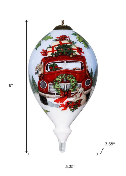 Puppy and Red Truck Christmas Wreath Hand Painted Mouth Blown Glass Ornament