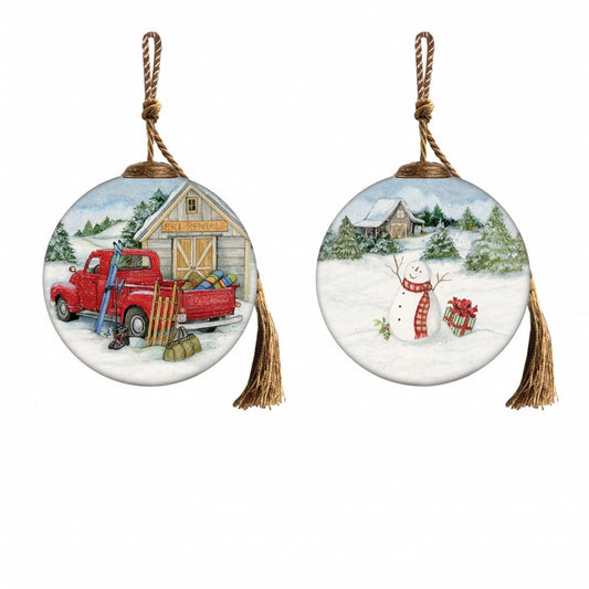 Snowy Mountains Ski Rental Hand Painted And Mouth Blown Red And White Glass Ball Ornament