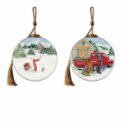 Snowy Mountains Ski Rental Hand Painted And Mouth Blown Red And White Glass Ball Ornament