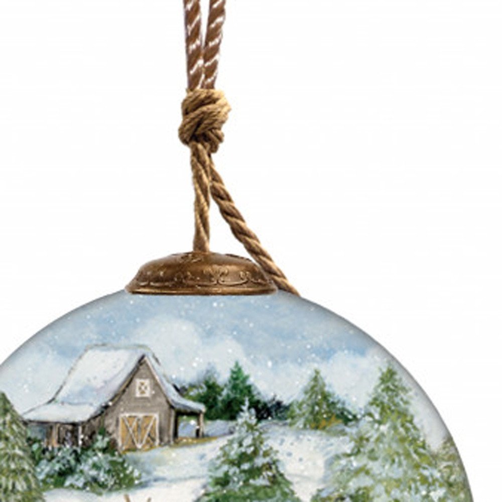 Snowy Mountains Ski Rental Hand Painted And Mouth Blown Red And White Glass Ball Ornament