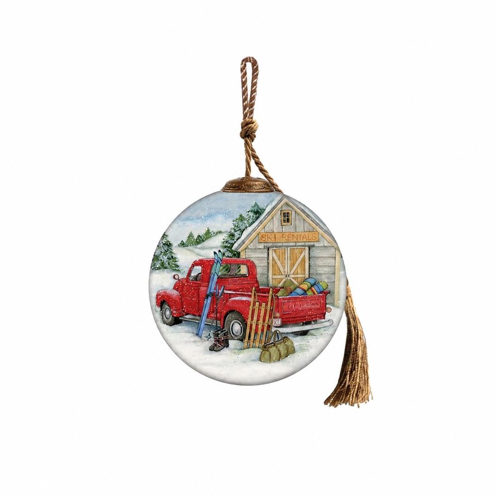 Snowy Mountains Ski Rental Hand Painted And Mouth Blown Red And White Glass Ball Ornament